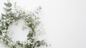 Bohemian-inspired botanical wreath arrangement with a minimalist color palette against white photo