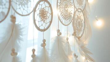Delicate and ornate boho dreamcatchers with intricate details and soft feathers add a touch of elegance to any project on white photo