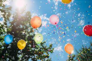 Bunch of balloons released into the air during a celebration, symbolizing freedom and joy photo