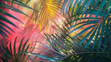 A tropical scene with green leaves and a pinkish hue. The leaves are in various shades of green and yellow photo