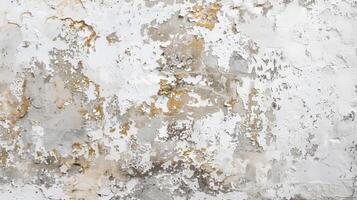 The wall is covered in peeling paint and has a rough texture. The wall is white and has a lot of cracks and holes photo