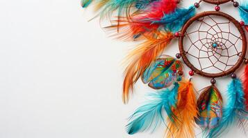 Boho-inspired dreamcatchers with intricate details and vibrant feathers capture the essence of bohemian style on white photo