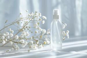 Air freshener spray against a soft transparent white surface, evoking cleanliness photo