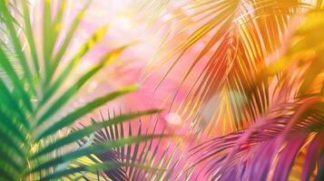 A colorful image of a palm tree with green leaves and pink and yellow colors. The image has a bright and cheerful mood, and it conveys a sense of warmth and relaxation photo