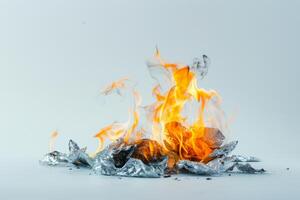 Burning paper engulfed in flames against a transparent white backdrop, symbolizing destruction and transformation photo