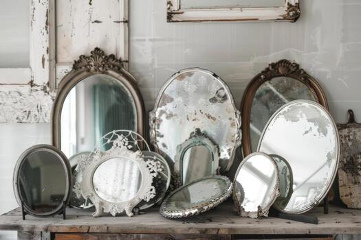 Antique-inspired decorative mirrors against a soft transparent white backdrop, adding vintage charm photo