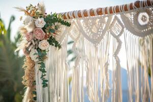 Boho chic macrame decor against a soft transparent white backdrop, ideal for bohemian designs photo