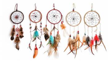 Boho-chic dreamcatchers with eclectic designs and natural elements add a sense of bohemian flair to designs on white photo