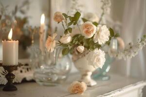 Antique-inspired decor elements against a soft transparent white surface, evoking vintage charm photo