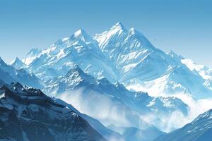 A serene mountain landscape, with snow-capped peaks towering against a clear blue sky photo