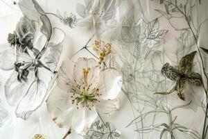 Detailed botanical sketches creating visual interest against a translucent white surface photo