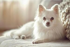 Adorable American Eskimo Dog with fluffy white coat and bright eyes, ideal for cute and cuddly designs photo