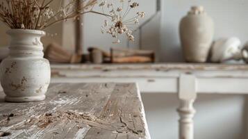 A table with a vase of flowers and a book on it. The table is made of wood and has a rustic look photo