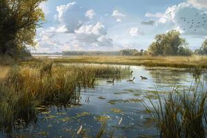 A serene marshland, with tall grasses and waterfowl wading in the shallow waters photo