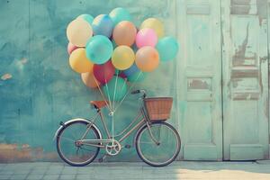 Bunch of balloons tied to a bicycle, creating a whimsical and festive look photo