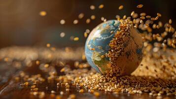Conceptual representation of spinning grains forming a globe, symbolizing food security photo