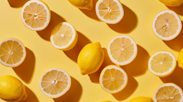 Minimalist layout pattern of floating lemon slices in a repetitive design photo