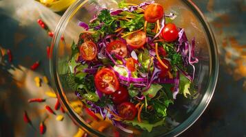 Vibrant salad ingredients swirling in a mixing bowl photo