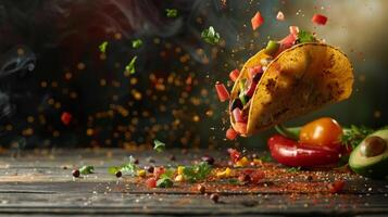 Dynamic copy space featuring levitating taco ingredients and space for Mexican cuisine promotions photo