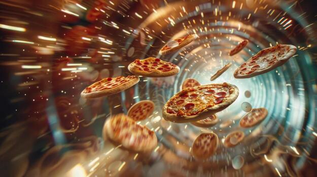 Surreal image of spinning pizzas as discs flying through a psychedelic tunnel photo