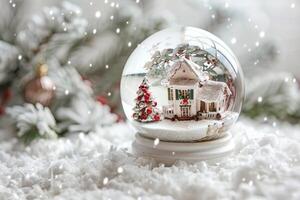 Whimsical Christmas snow globe on a soft transparent white backdrop, perfect for holiday cards photo