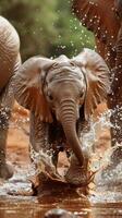 Gentle baby elephants splashing in muddy watering holes, their trunks spraying water in all directions photo