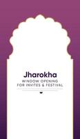 Abstract jharokha Islamic Label Frame islamic building arch architecture invite festival greeting wedding diwali. Royal purple gradient with gold emblem window opening gate. Copy space for text middle vector