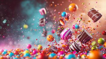 Artistic poster featuring levitating candy pieces with artistic brushstrokes photo