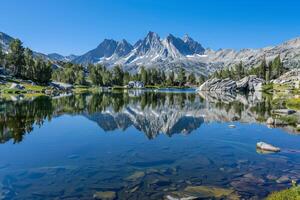 Pristine mountain lake with a mirrored reflection of the surrounding peaks photo