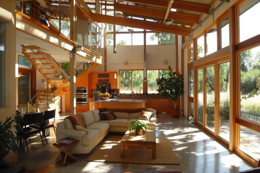 Sustainable energy-efficient home with passive solar design and energy-efficient appliances, reducing carbon footprint photo