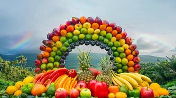 A rainbow of fruits and vegetables are displayed in a basket photo