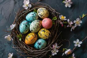 Colorful Easter eggs arranged in a nest with spring blossoms photo
