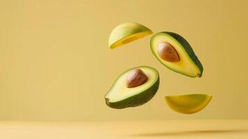 Minimalist poster featuring levitating avocado halves with minimalist text photo
