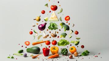 Conceptual representation of spinning vegetables forming a pyramid, symbolizing nutrition photo