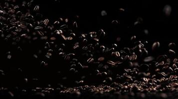 Dramatic silhouette of floating coffee beans captured in mid-air photo