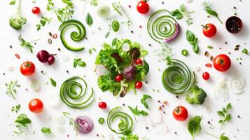 Contemporary arrangement of spinning salad ingredients in a contemporary pattern photo
