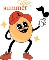 The groovy icon with a cheerful face with a happy mustache is enjoying a relaxing time in the summer with harmonious notes vector