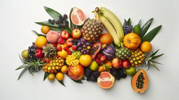 A colorful assortment of fruits and s, including bananas, apples, oranges, and strawberries photo