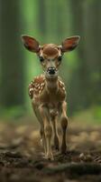 Dainty baby deer taking tentative steps through the forest, their ears flicking nervously photo