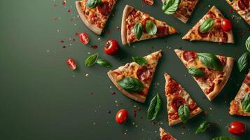 Modern design with floating slices of pizza and space for restaurant logos photo