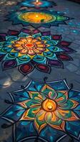Diwali diyas and rangoli patterns for light photo