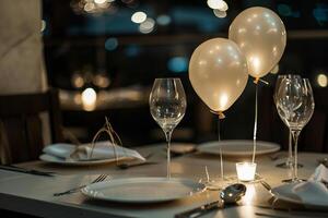 Elegant balloon centerpiece on a dining table, adding a festive touch to a special meal photo