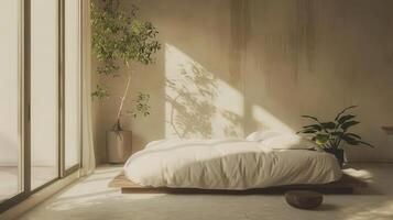 Serene minimalist bedroom with natural elements photo