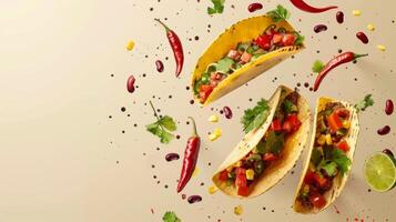 Dynamic design featuring floating taco ingredients and room for Mexican restaurant logos photo