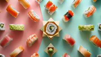 Geometric arrangement of spinning sushi rolls in a geometric pattern photo