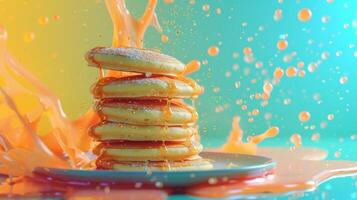 Colorful backdrop with a spinning plate of pancakes in motion photo