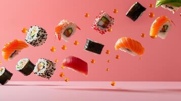 Vibrant composition of levitating sushi rolls arranged in a diagonal pattern photo