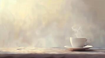 Serene backdrop featuring a steaming cup of coffee and ample copy space photo