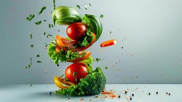 Conceptual image of spinning vegetables forming a tornado, symbolizing health and vitality photo