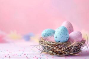 Colorful Easter eggs arranged in a basket against a pastel background photo